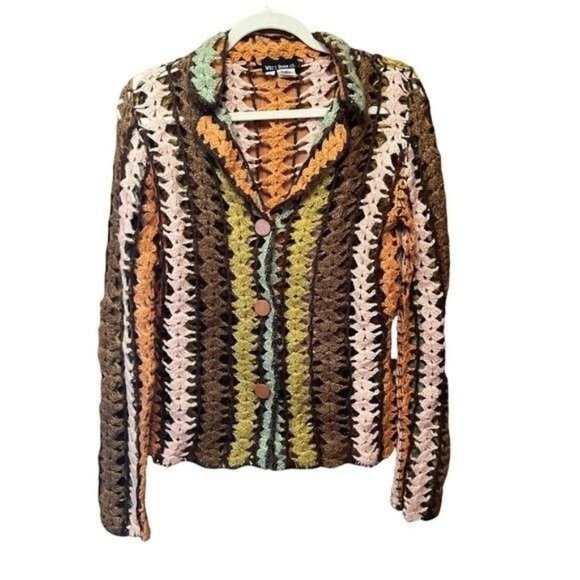 Will's River Co Crochet Cardigan Long Sleeve Brown Orange Green Pink Stripe Sz S - Picture 5 of 9